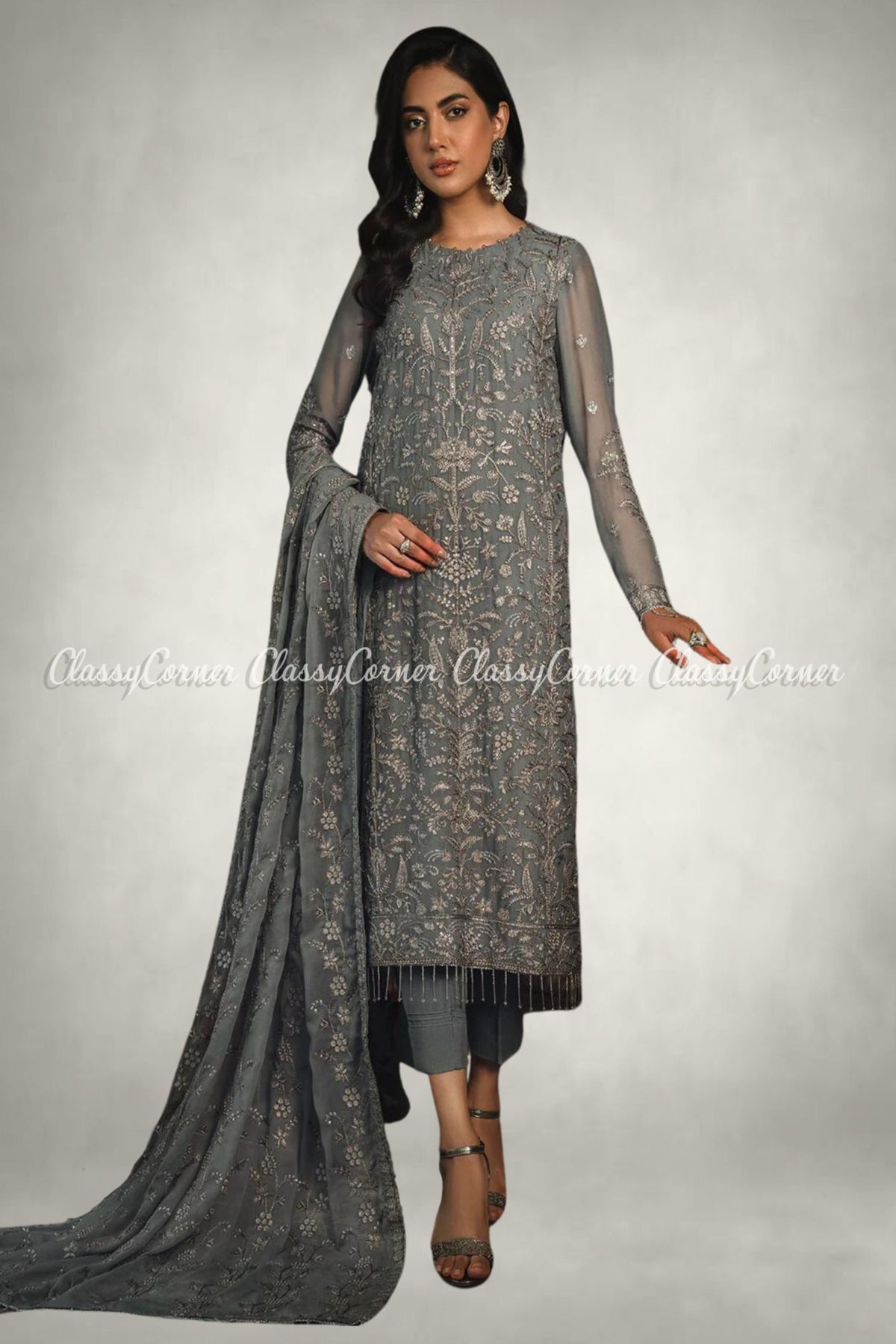 Dark Grey Chiffon Embroidered Formal Wear Salwar Kameez