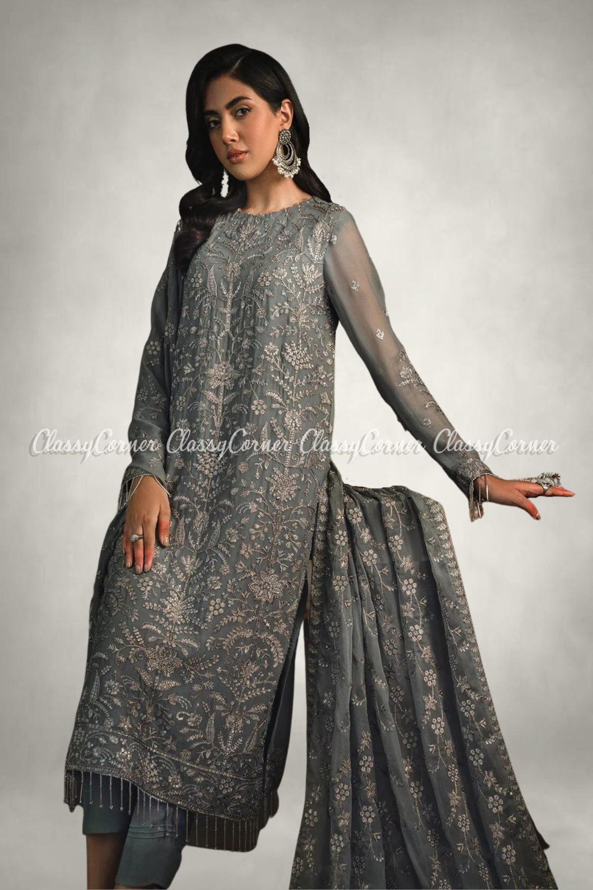 Dark Grey Chiffon Embroidered Formal Wear Salwar Kameez