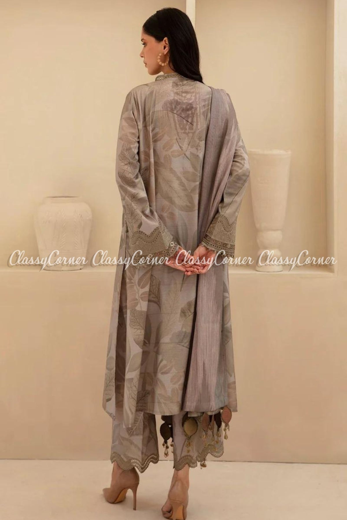 Grey Printed Viscose Khaddar Formal Wear Salwar Kameez