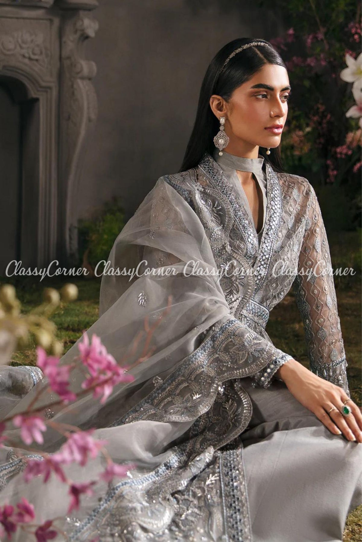 Pakistani Grey Organza Embroidered Gown Style Suit