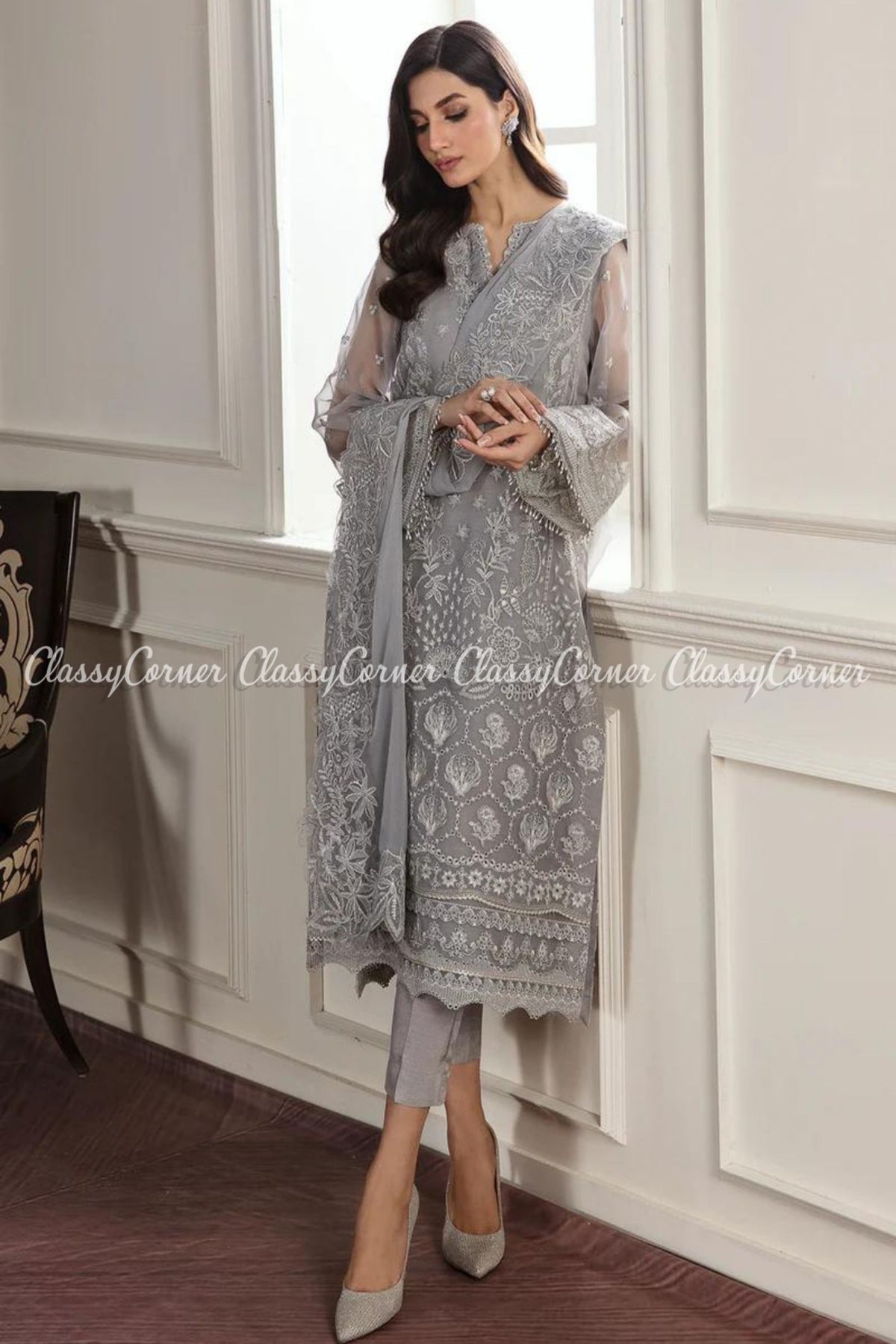 Grey Silver Chiffon Embroidered Party Wear Salwar Kameez