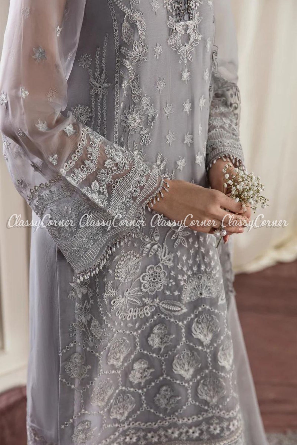 Grey Silver Chiffon Embroidered Party Wear Salwar Kameez