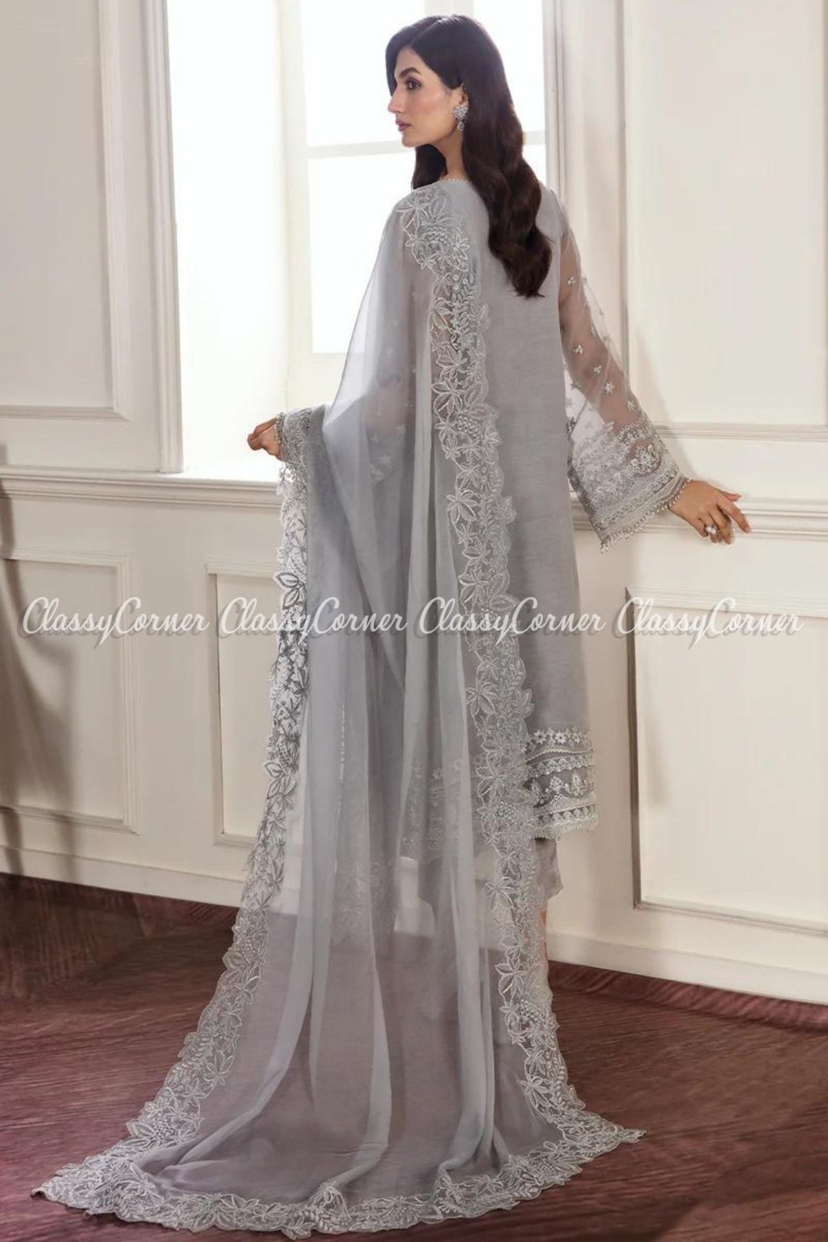 Grey Silver Chiffon Embroidered Party Wear Salwar Kameez