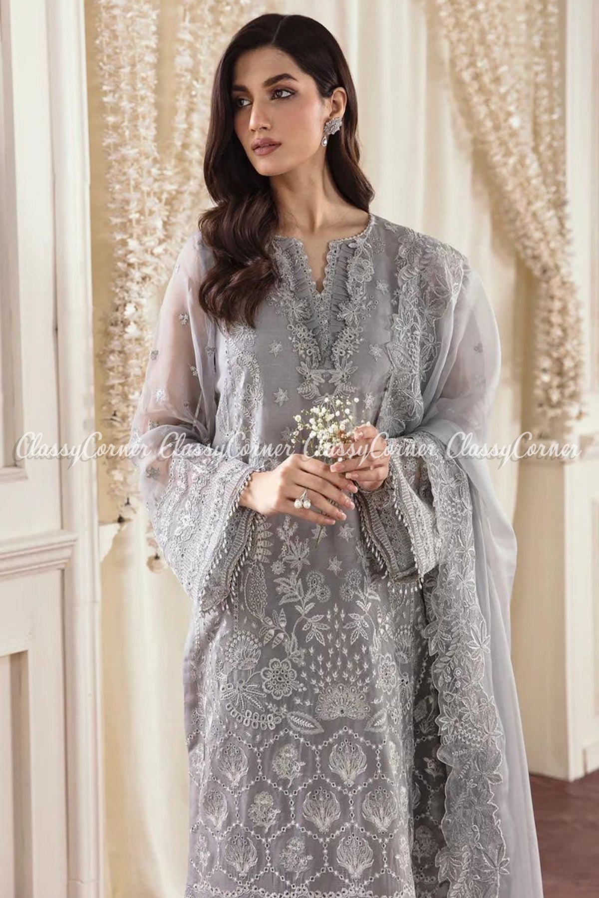 Grey Silver Chiffon Embroidered Party Wear Salwar Kameez