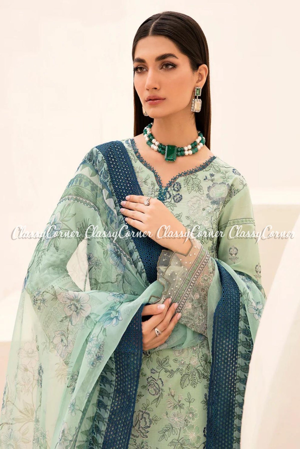 Pastel Green Lawn Embroidered Pakistani Outfit