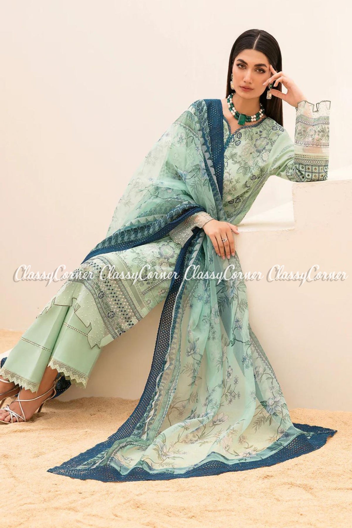 Pastel Green Lawn Embroidered Pakistani Outfit