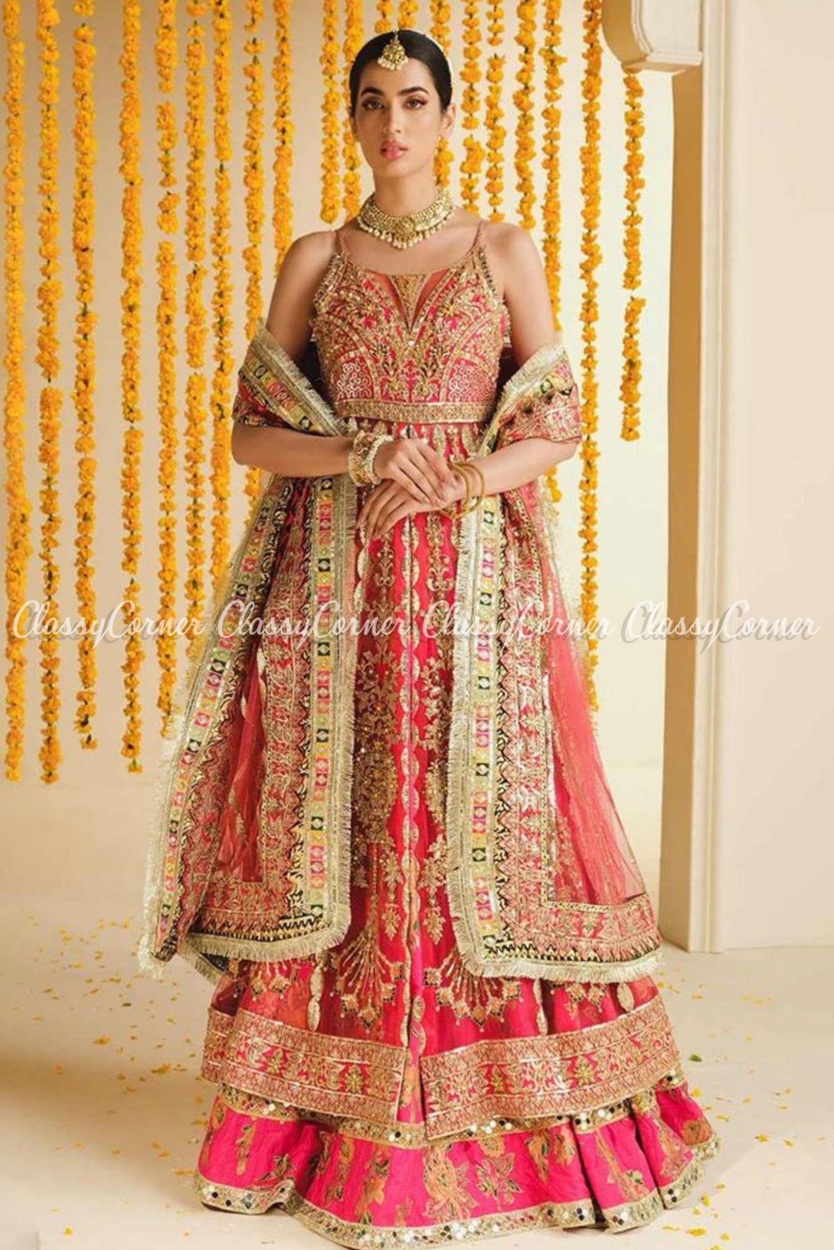 Pink Gold Multicolor Net Organza Embellished Gown Lehenga