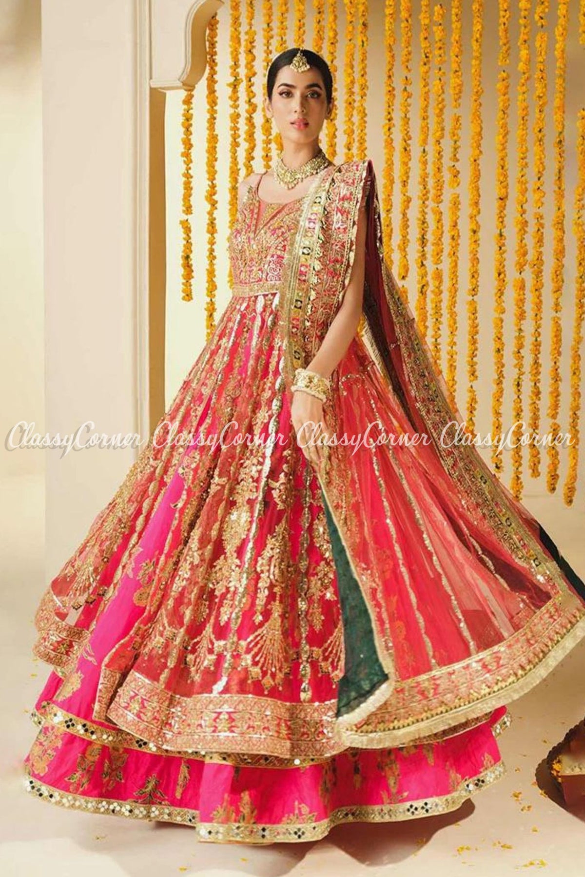 Pink Gold Multicolor Net Organza Embellished Gown Lehenga