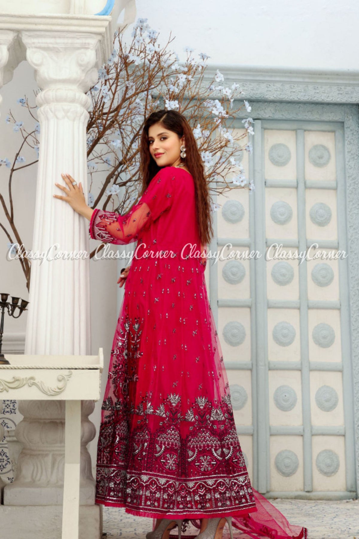 Zinc Hot Pink Net Embroidered Pakistani Maxi Dress