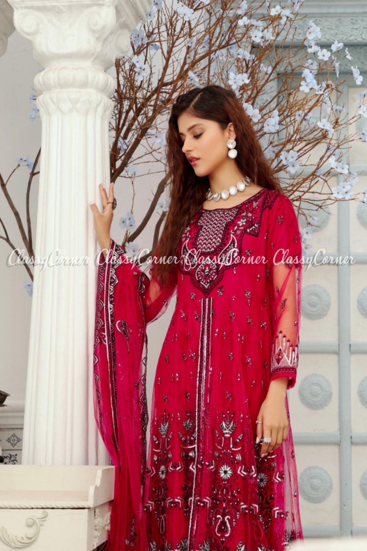 Zinc Hot Pink Net Embroidered Pakistani Maxi Dress