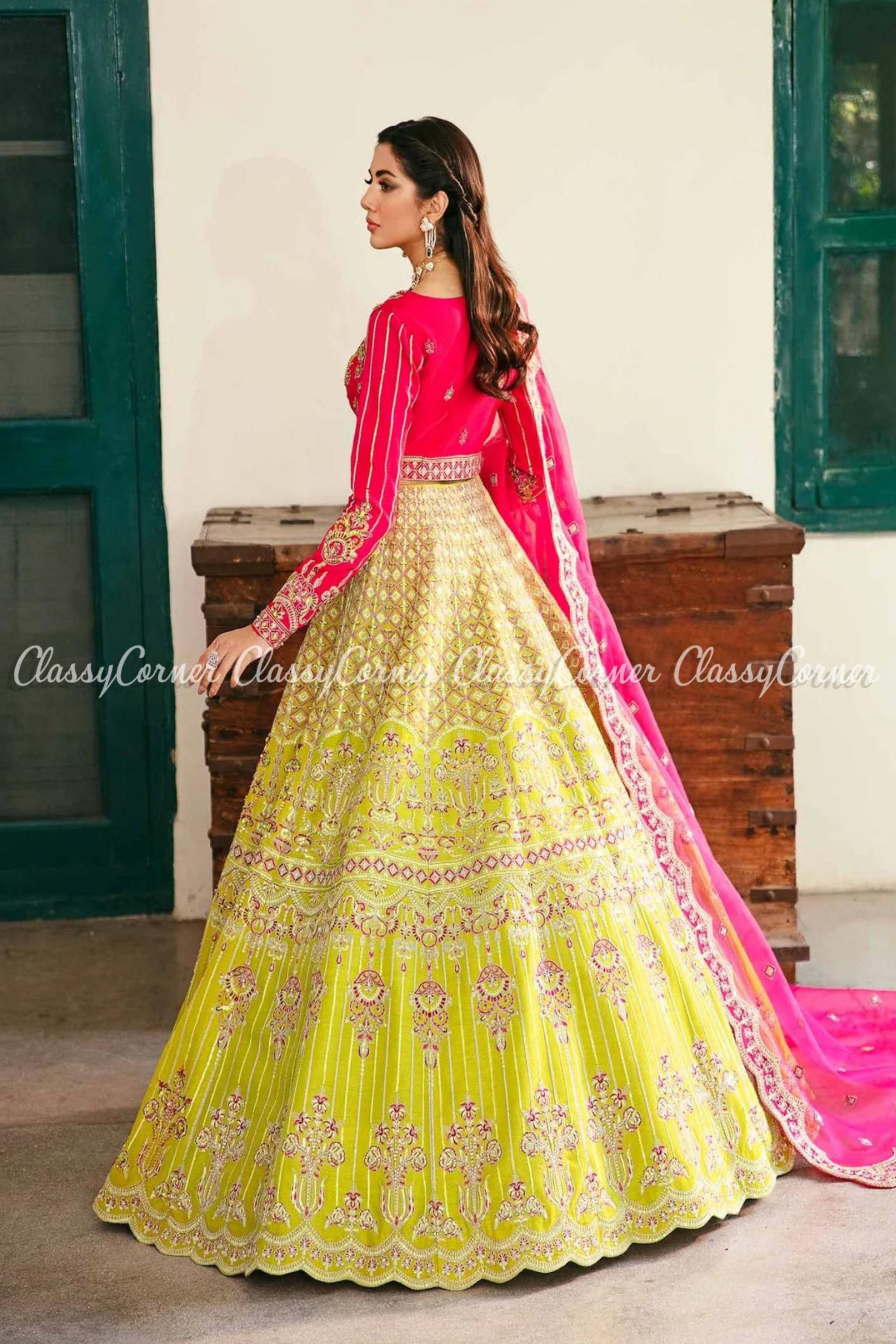 Pink Yellow Lehenga Choli for Pakistani Mehndi Dresses – Nameera by Farooq