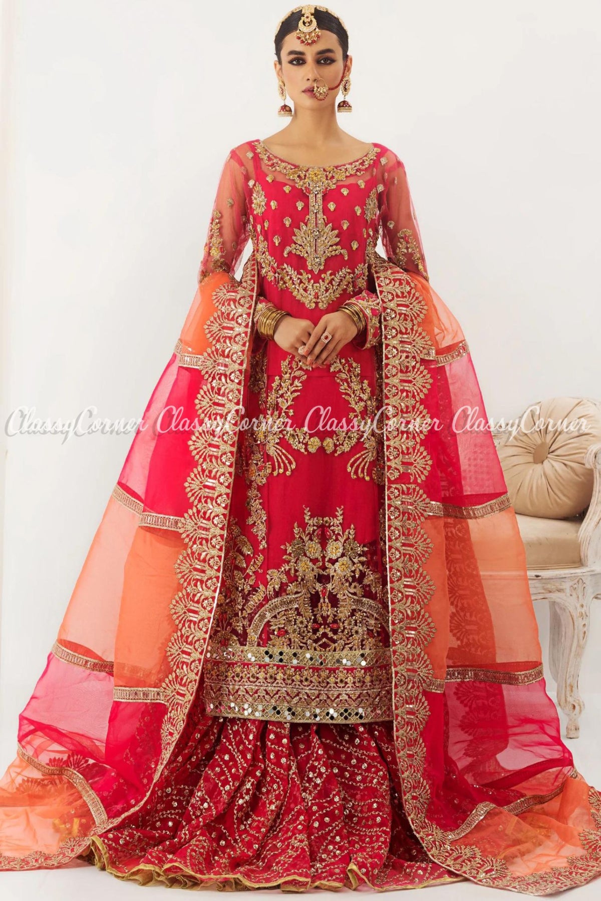 Hot Pink Orange Net Embroidered Bridal Wear Lehenga Dress