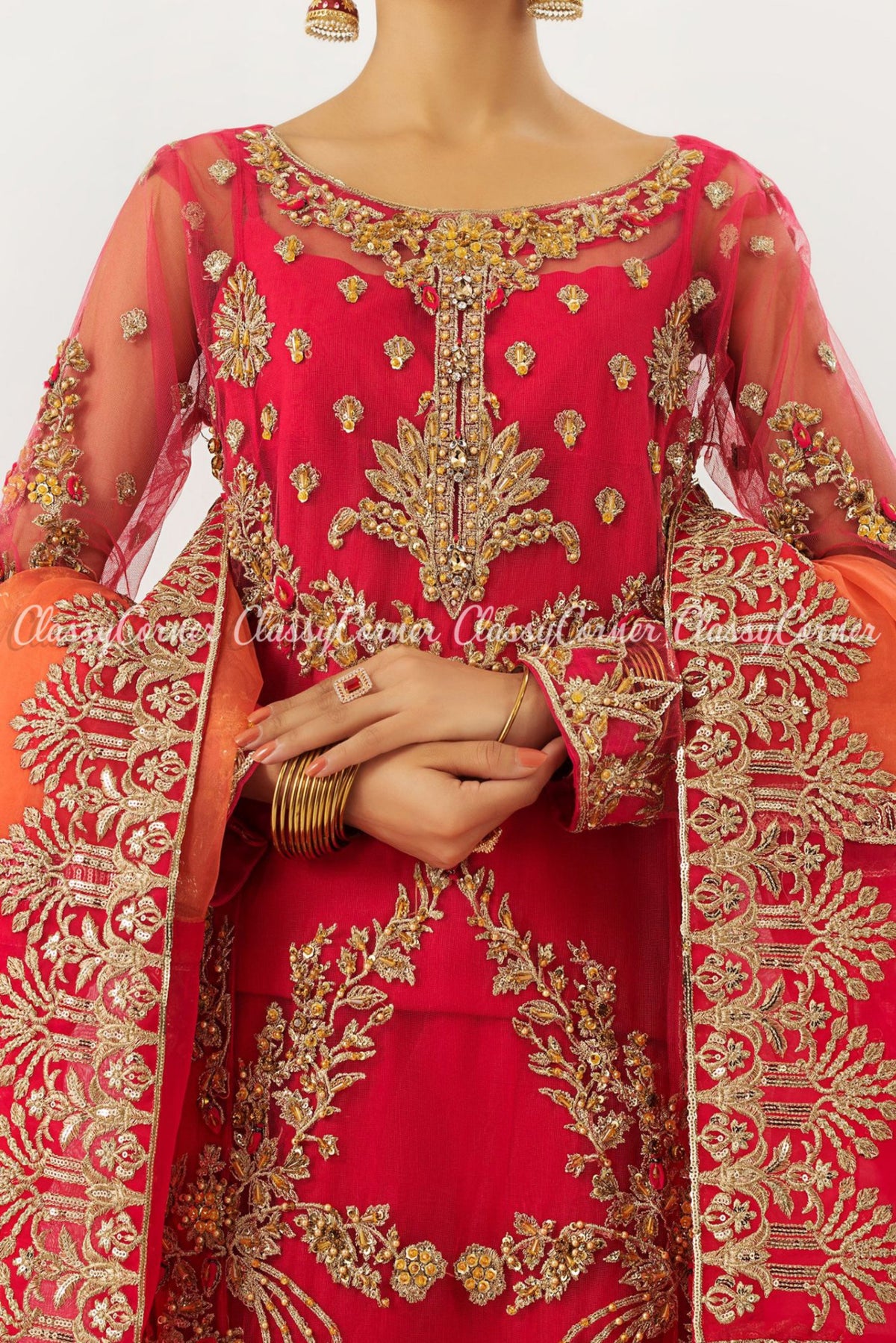 Hot Pink Orange Net Embroidered Bridal Wear Lehenga Dress