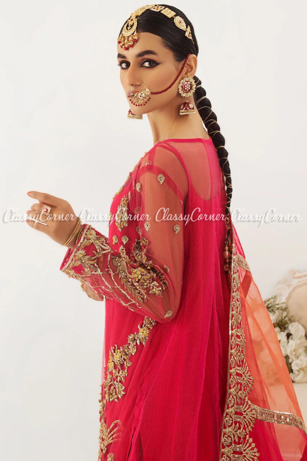 Hot Pink Orange Net Embroidered Bridal Wear Lehenga Dress