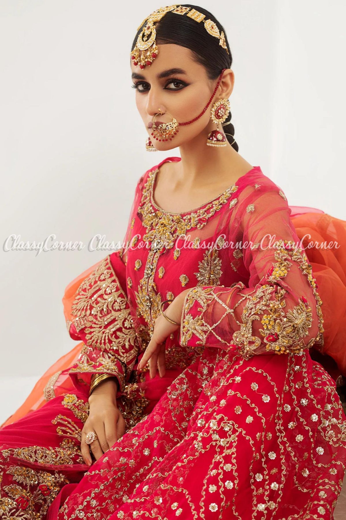 Hot Pink Orange Net Embroidered Bridal Wear Lehenga Dress