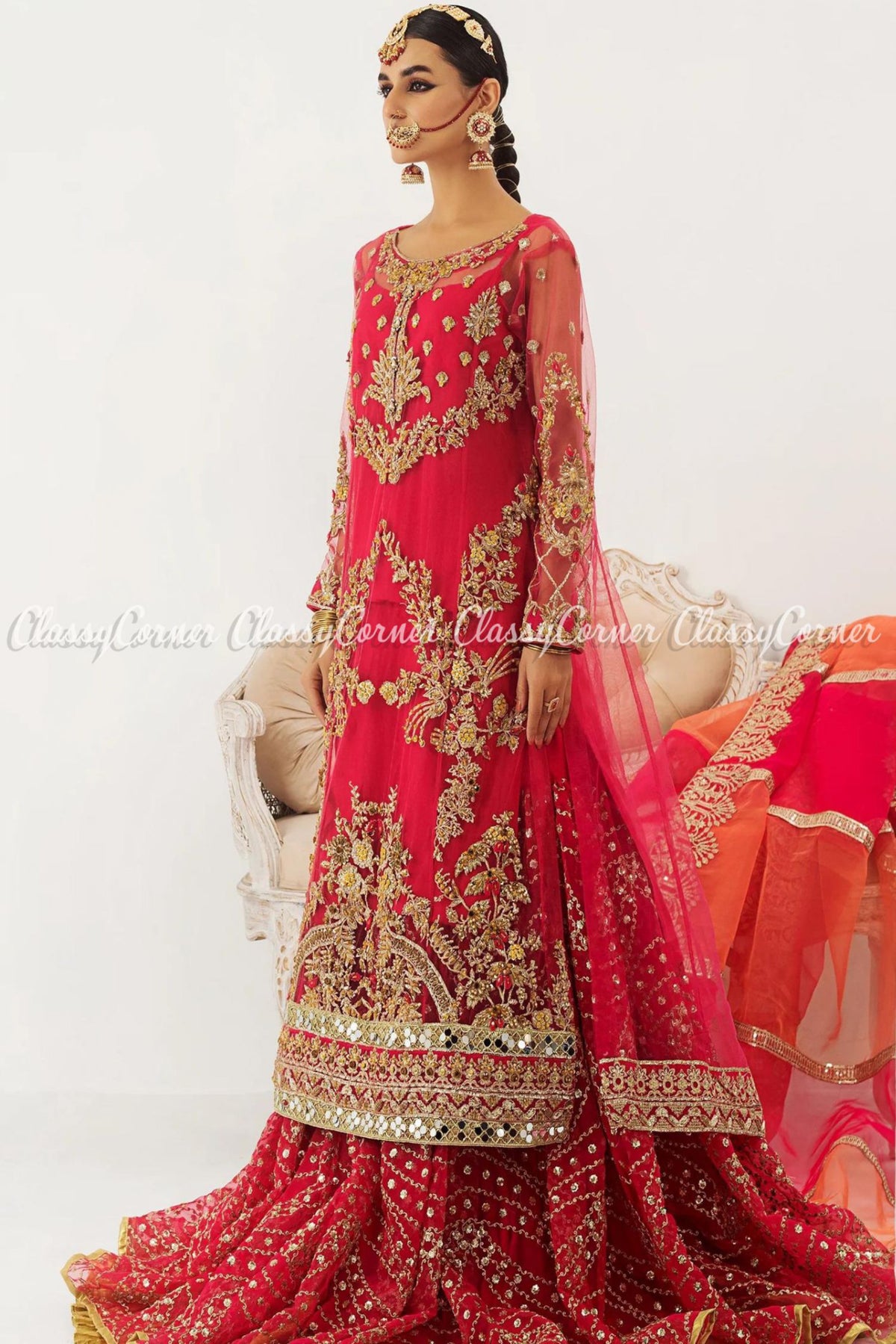 Hot Pink Orange Net Embroidered Bridal Wear Lehenga Dress