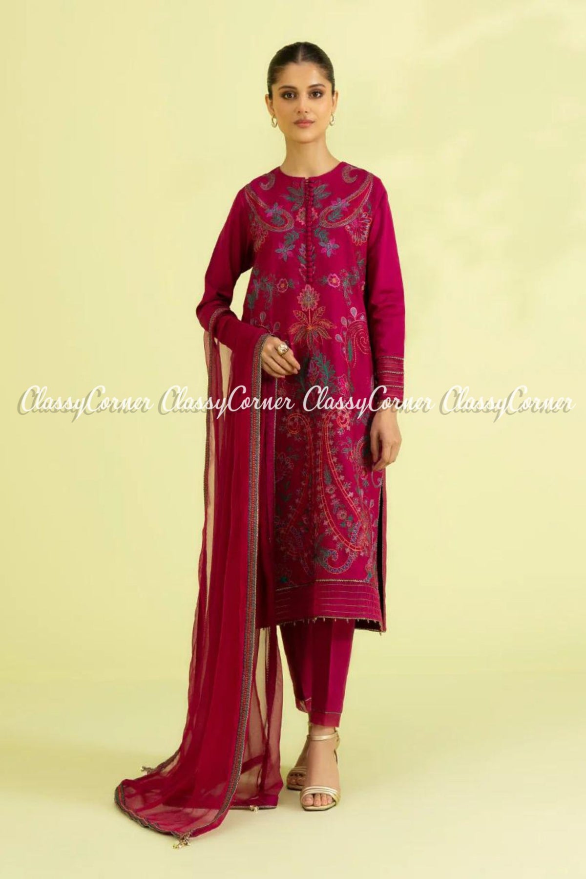 Hot Pink Lawn Embroidered Pakistani Salwar Kameez Dress