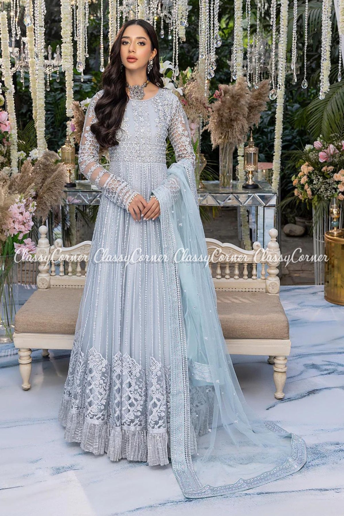 Ice Blue Net Embellished Wedding Wear Gown