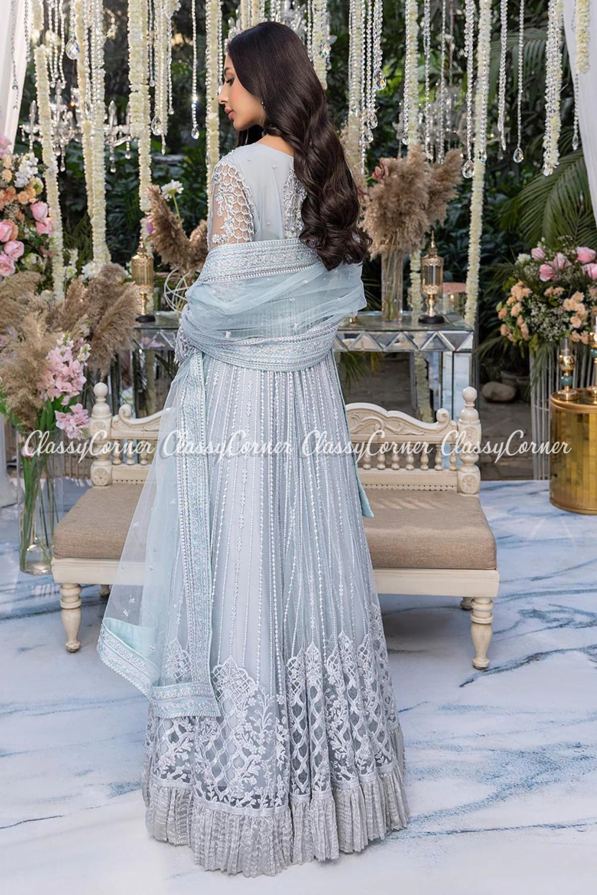 Ice Blue Net Embellished Wedding Wear Gown