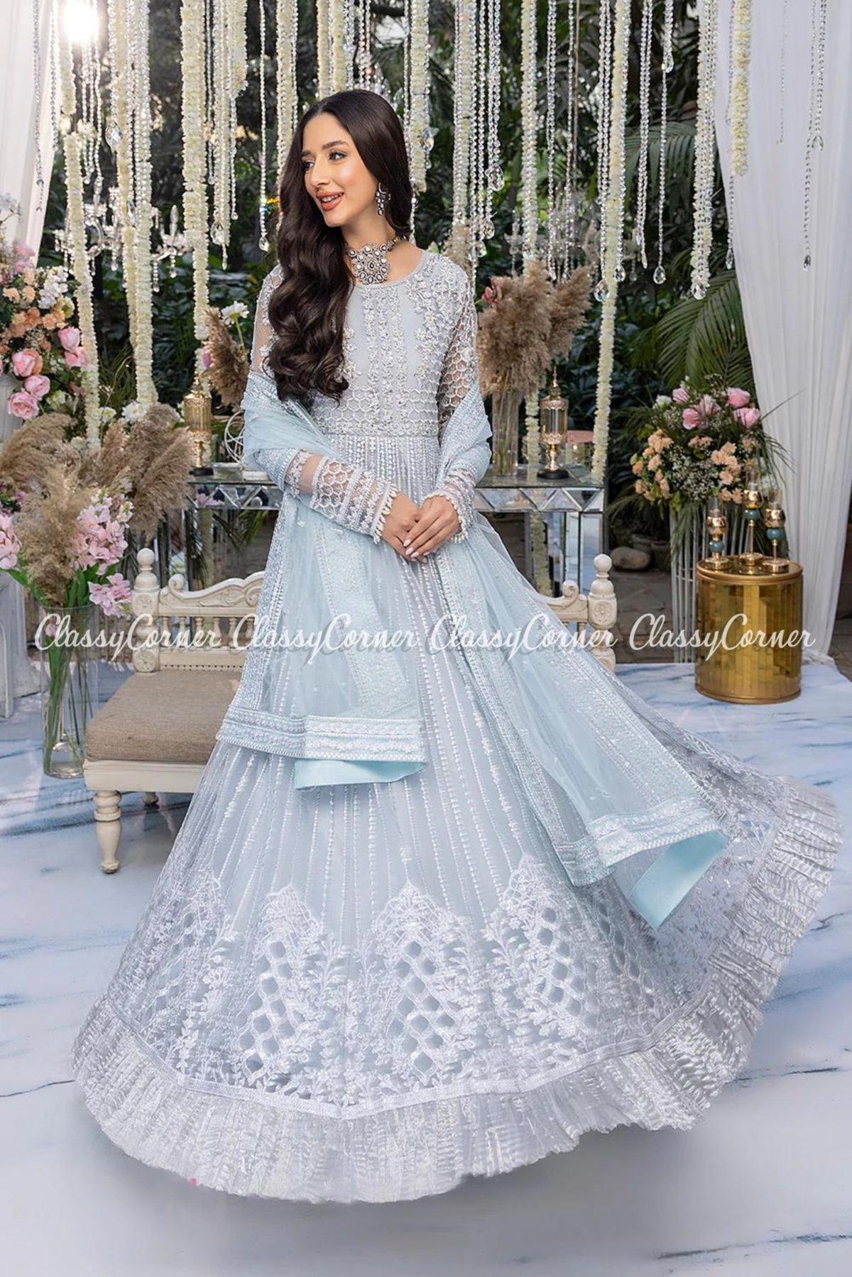 Ice Blue Net Embellished Wedding Wear Gown