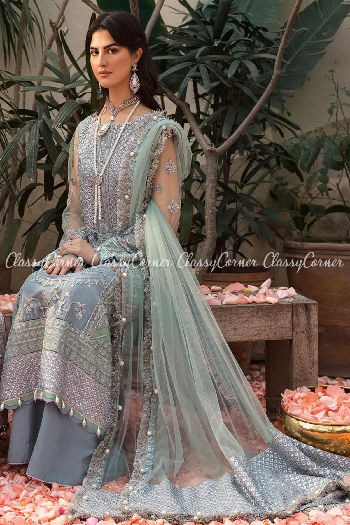 Ice Blue Green Net Emroidered Party Wear Salwar Kameez