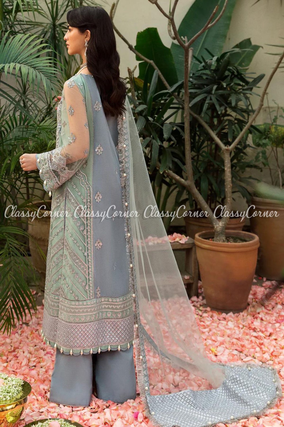 Ice Blue Green Net Emroidered Party Wear Salwar Kameez