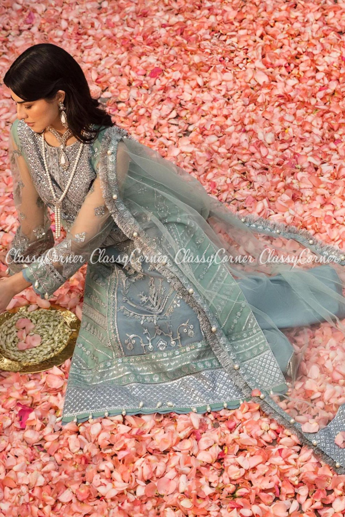 Ice Blue Green Net Emroidered Party Wear Salwar Kameez