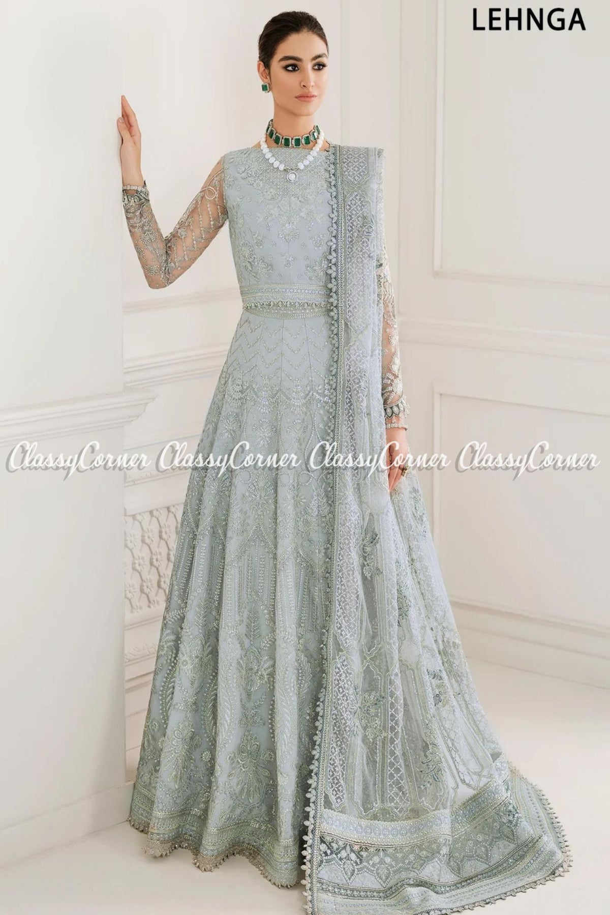 Ice Blue Net Embroidered Party Wear Gown Lehenga