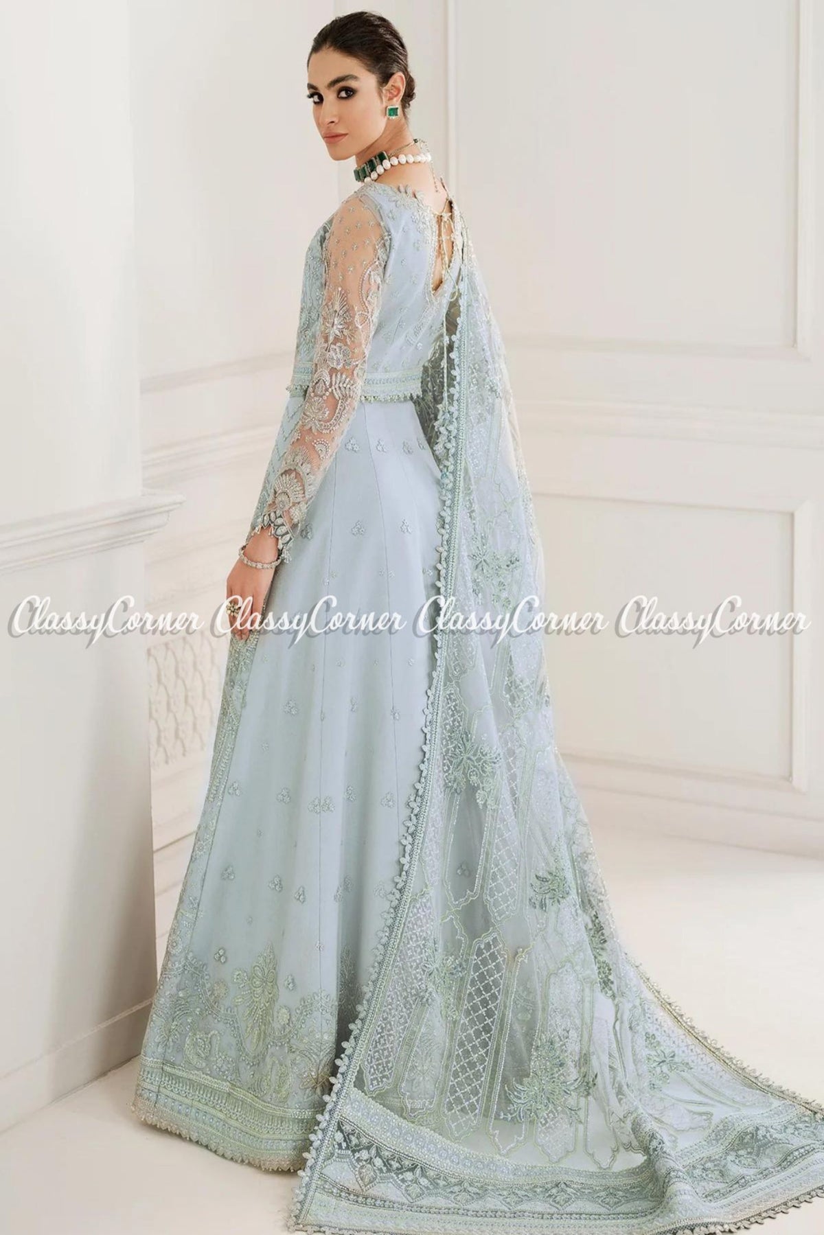 Ice Blue Net Embroidered Party Wear Gown Lehenga