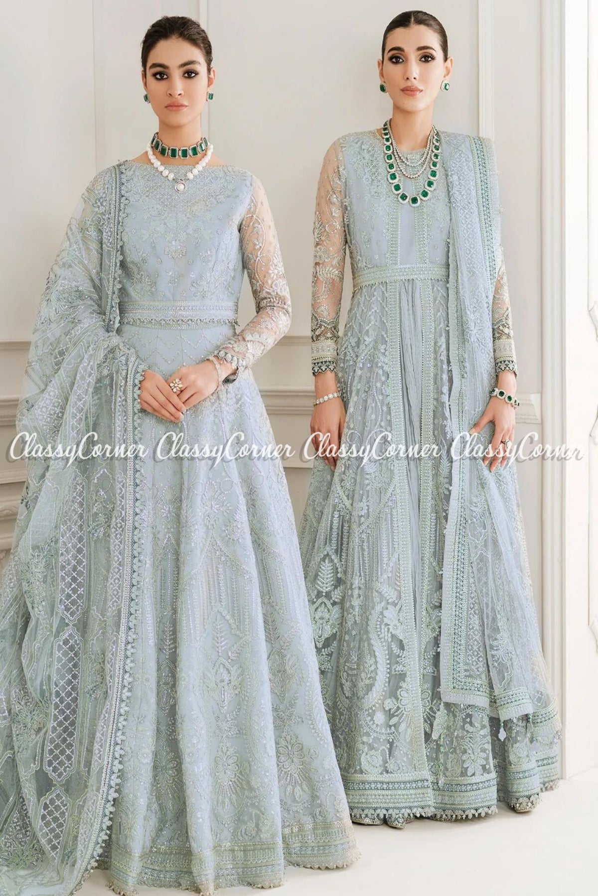 Ice Blue Net Embroidered Party Wear Gown Lehenga