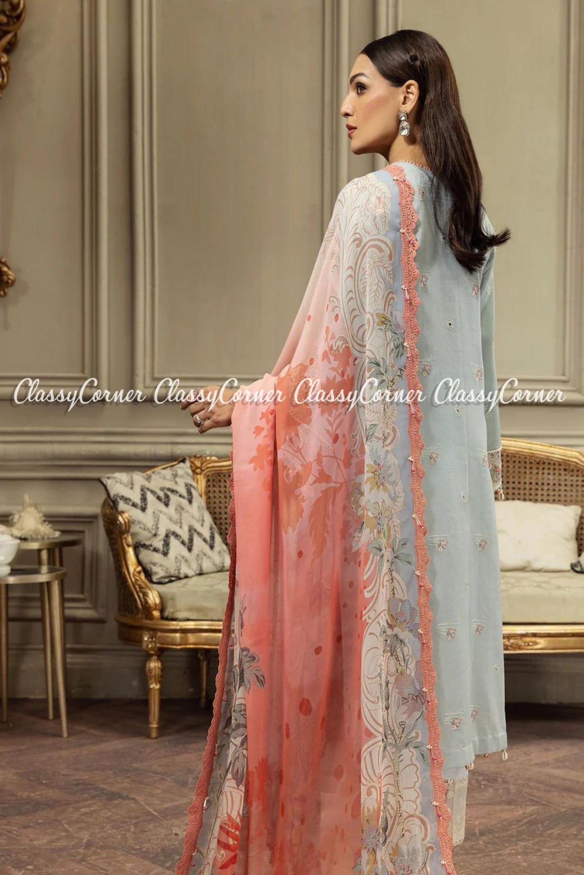 Ice Blue Pink Lawn Embroidered Formal Wear Salwar Kameez