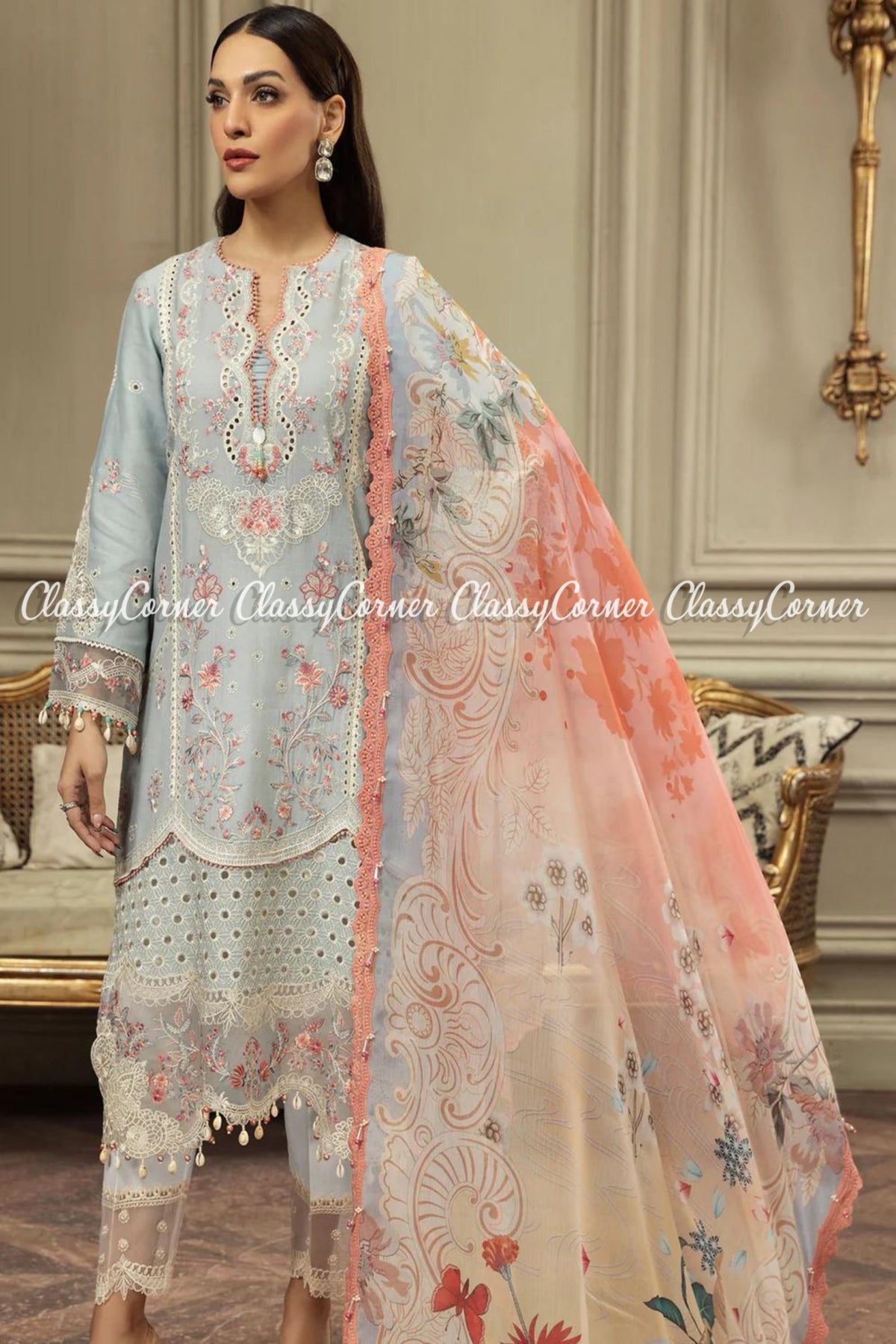 Ice Blue Pink Lawn Embroidered Formal Wear Salwar Kameez