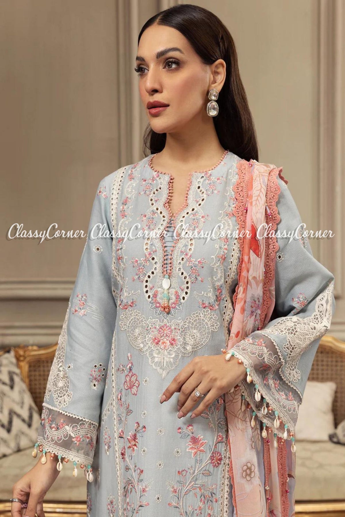 Ice Blue Pink Lawn Embroidered Formal Wear Salwar Kameez