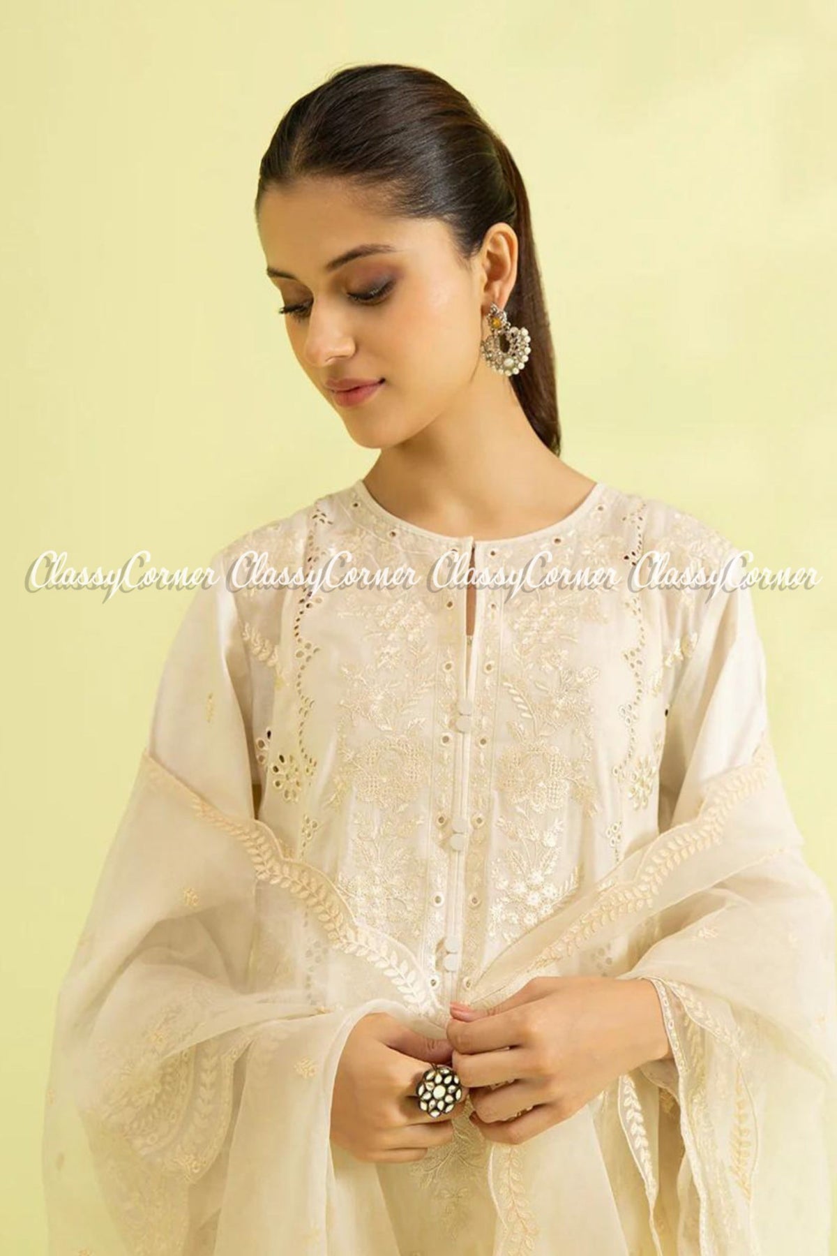 Ivory White Lawn Embroidered Formal Wear Pakistani 3 Piece