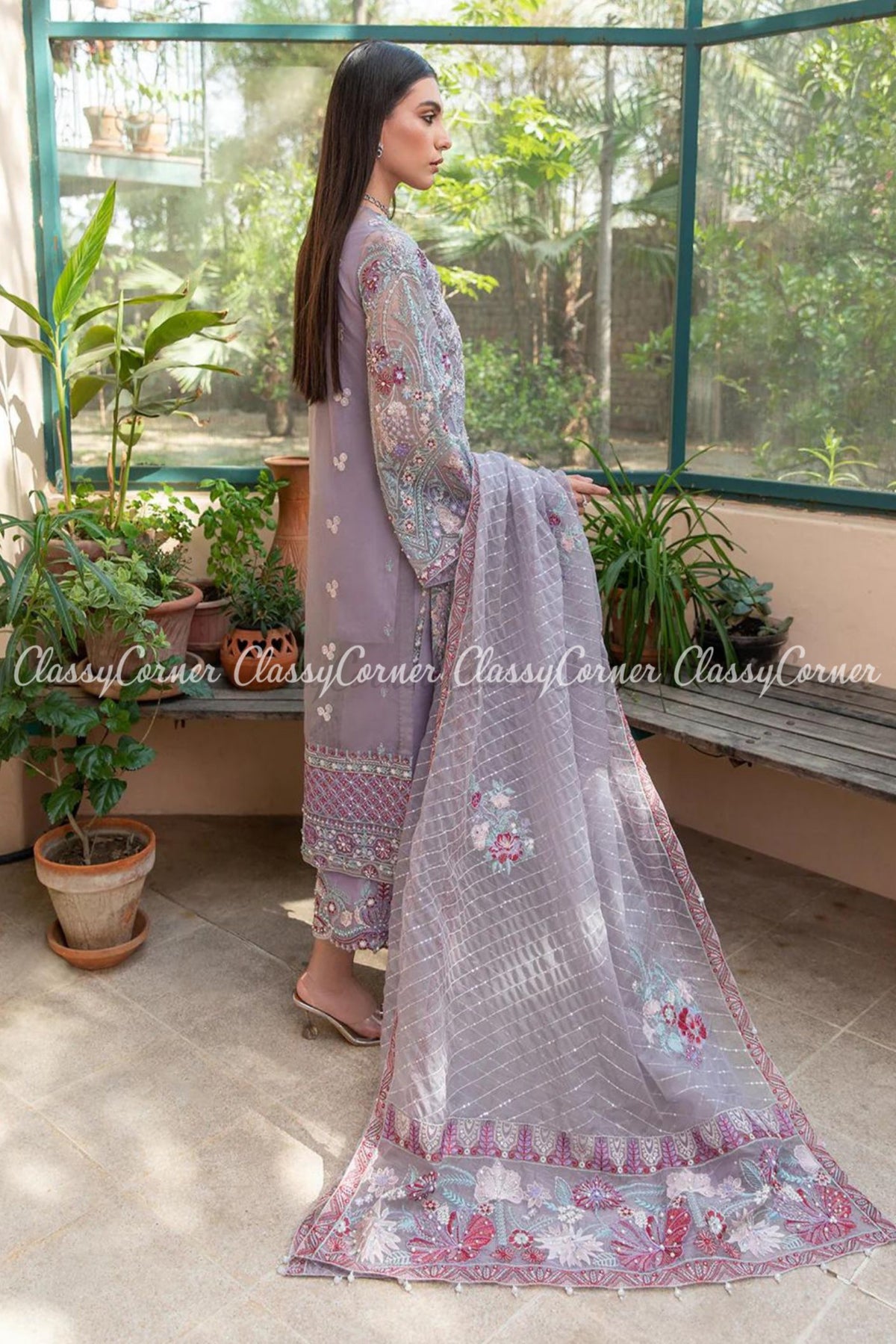 Lavender Blue Organza Embroidered Party Wear Salwar Kameez