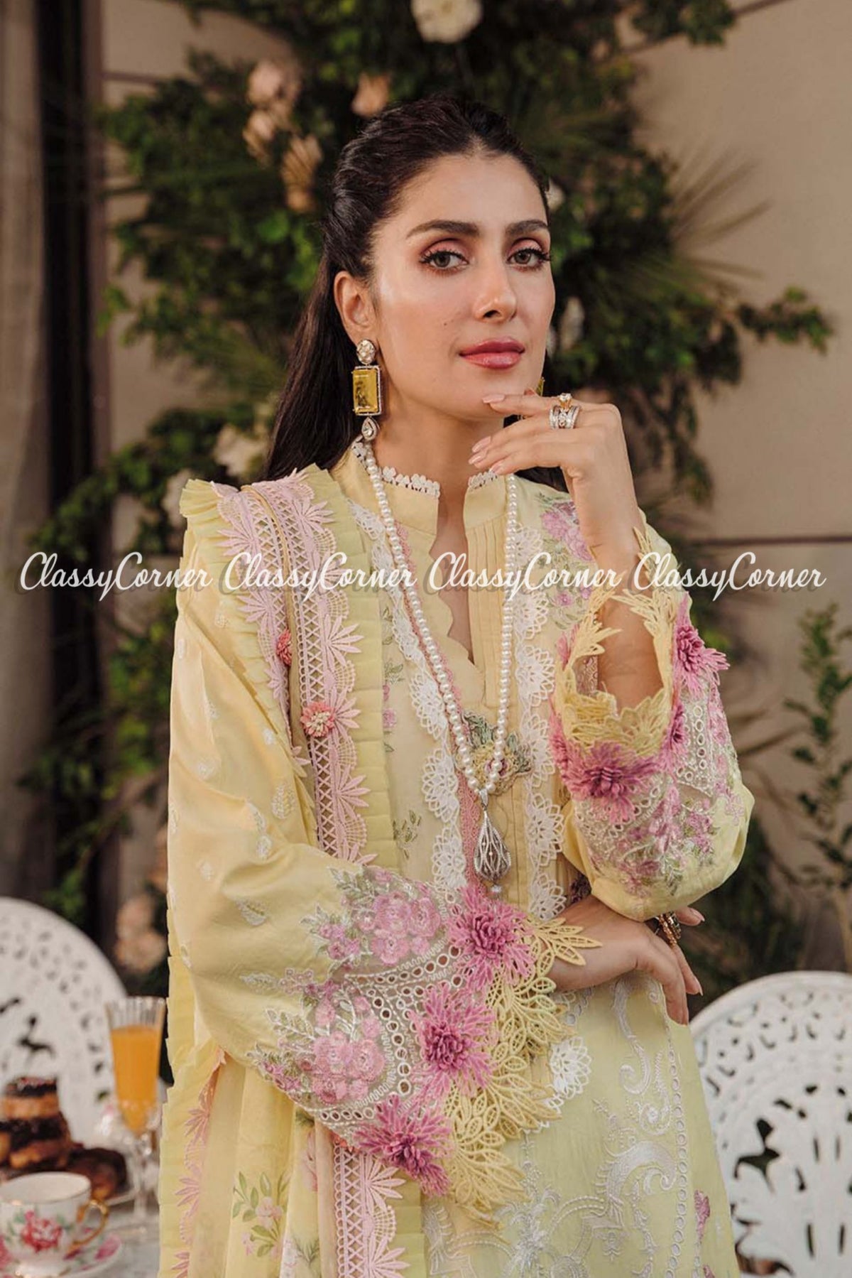 Lemon Yellow Lawn Embroidered Pakistani Salwar Kameez