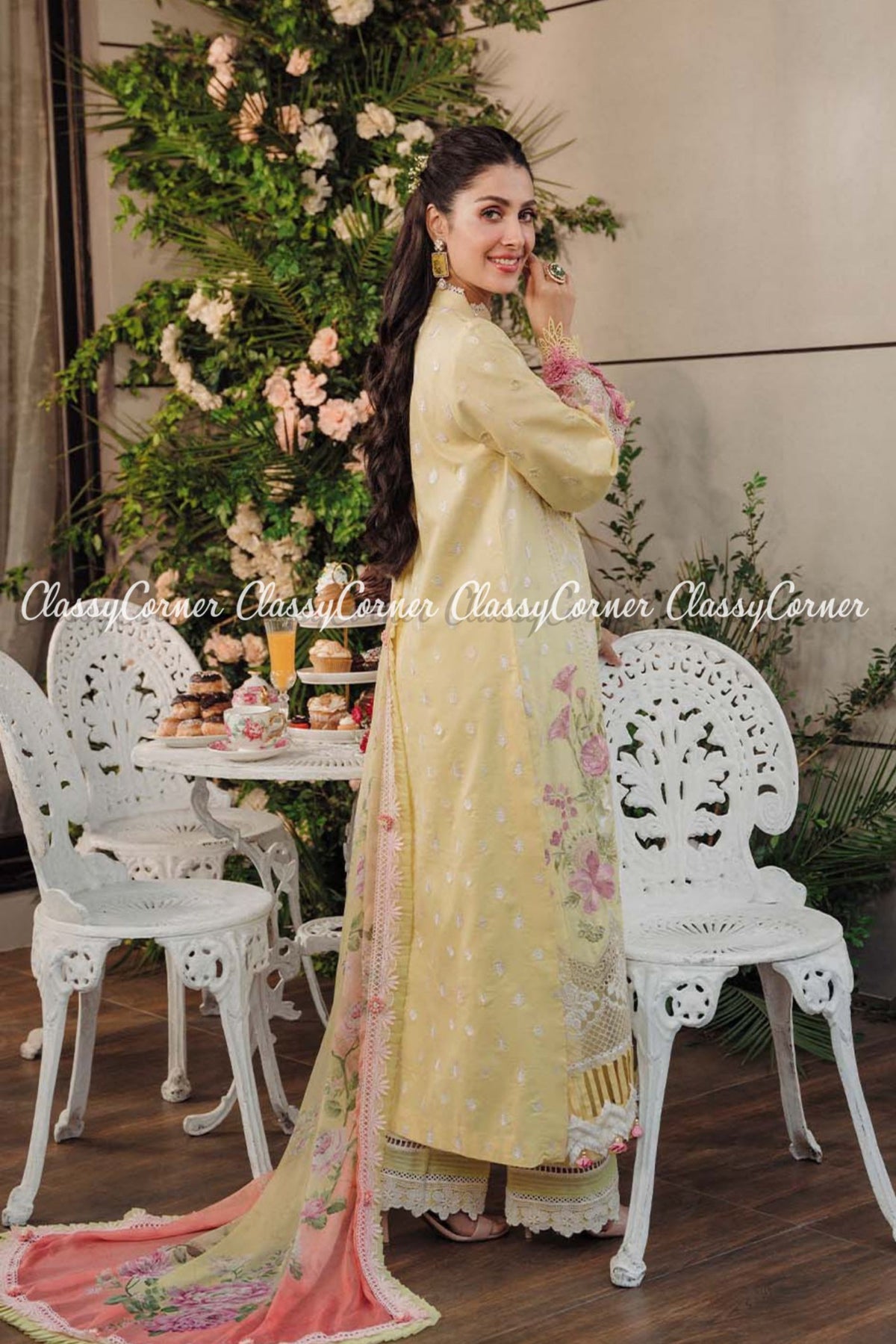 Lemon Yellow Lawn Embroidered Pakistani Salwar Kameez