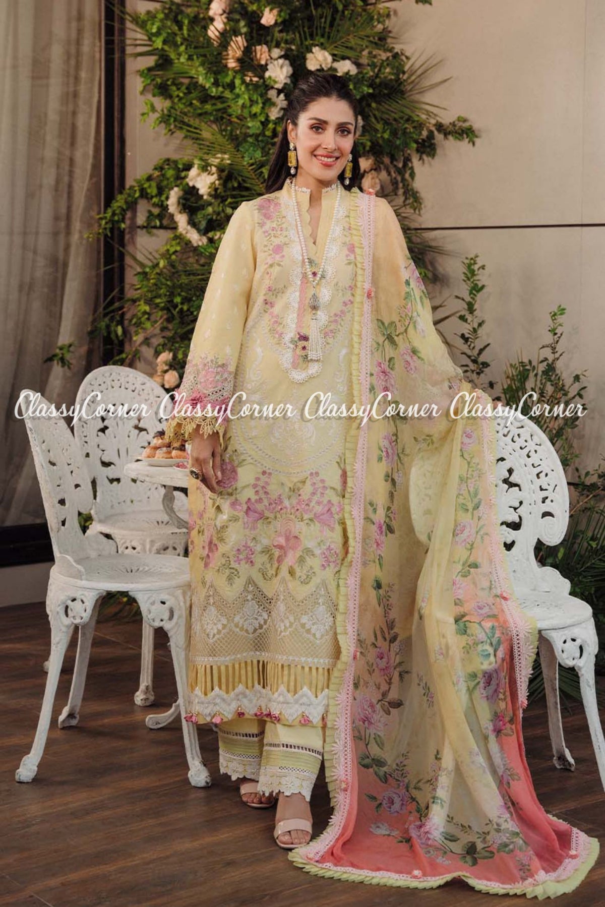 Lemon Yellow Lawn Embroidered Pakistani Salwar Kameez