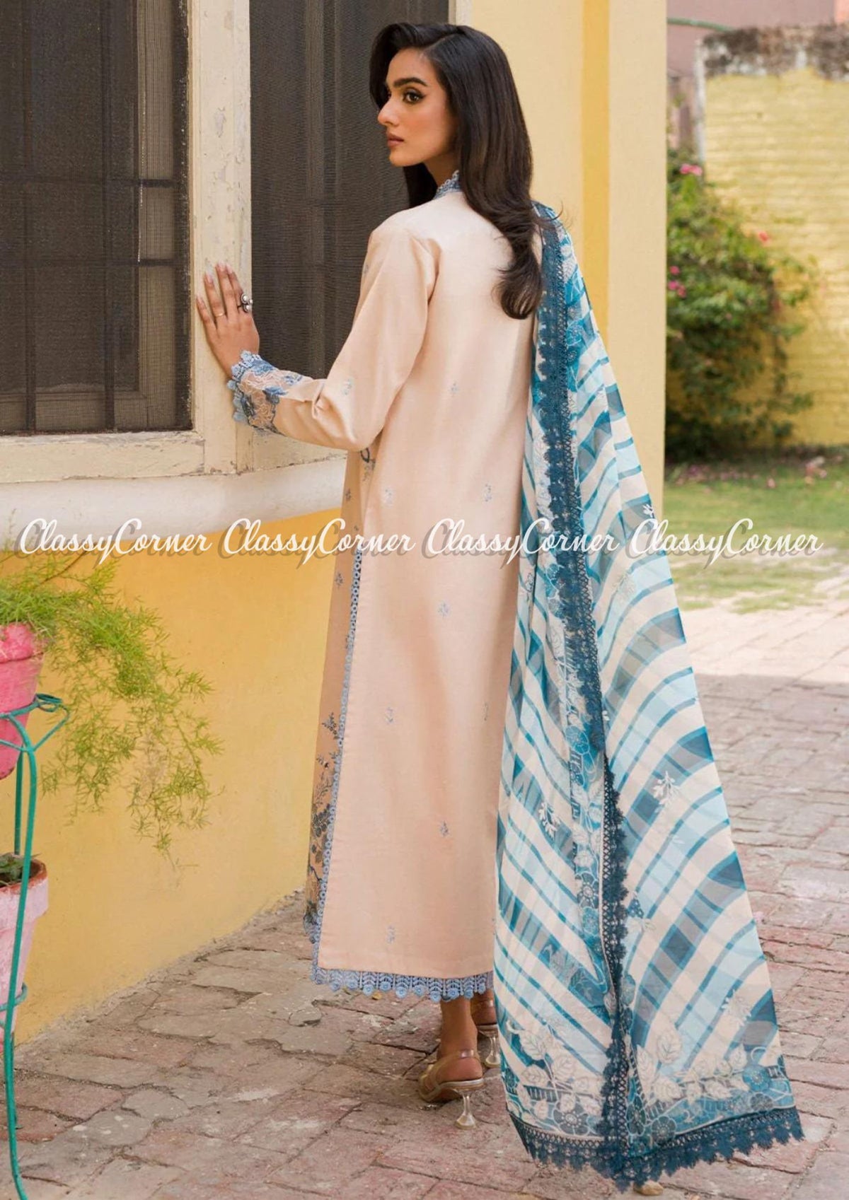 Cream White Blue Lawn Embroidered Pakistani 3 Piece Outfit
