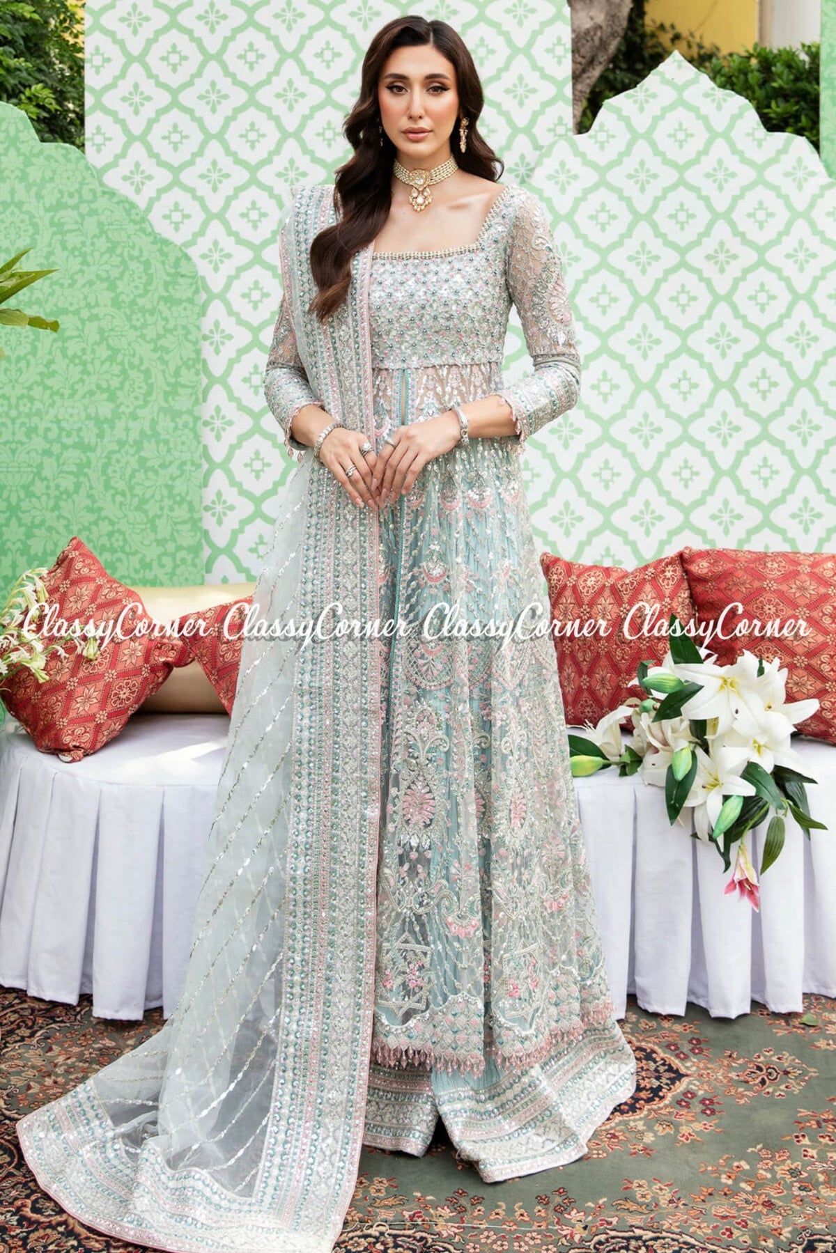 Light Blue Pink Net Embroidered Bridal Wear Gown Lehenga