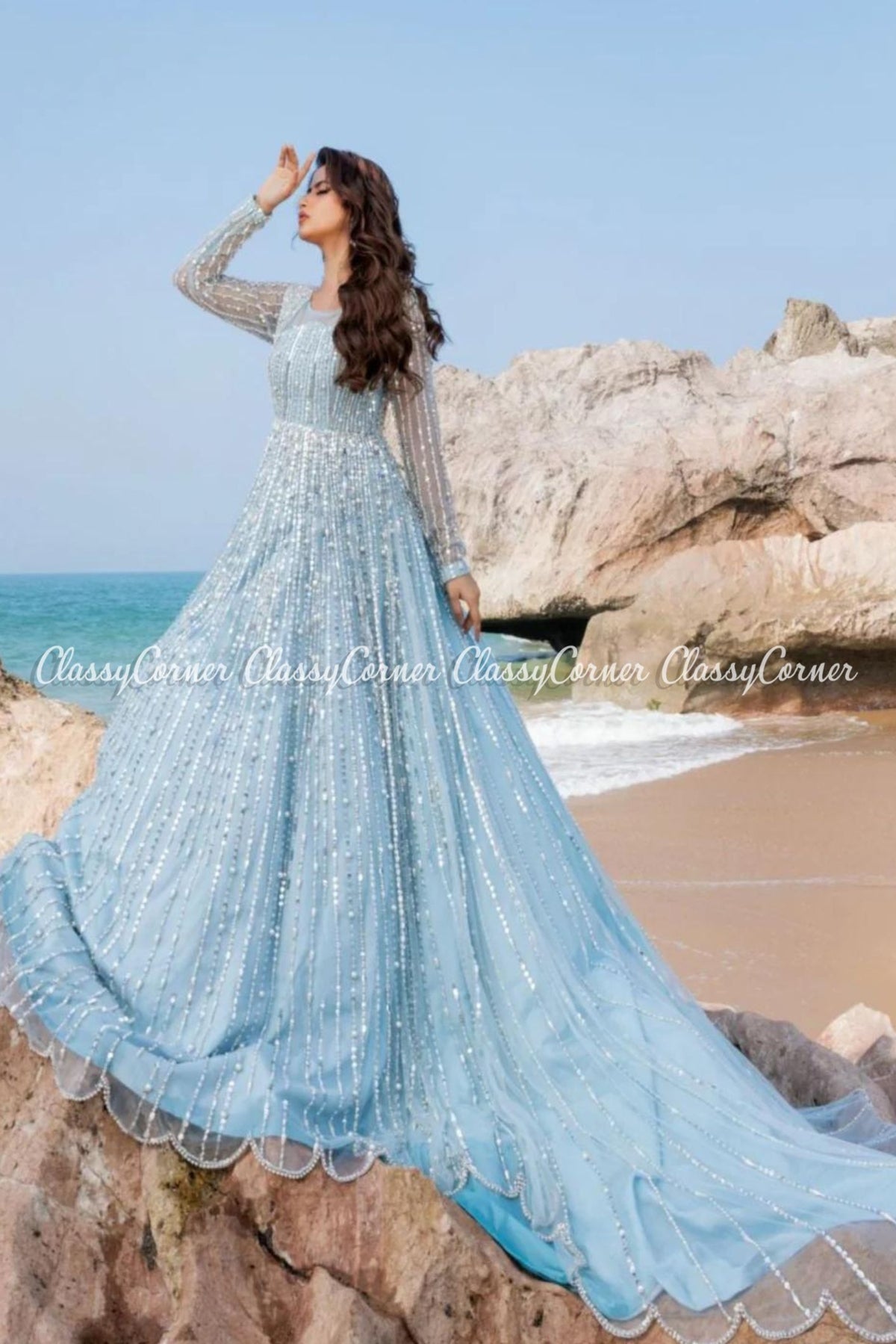 Light Blue Net Embellished Bridal Wear Gown