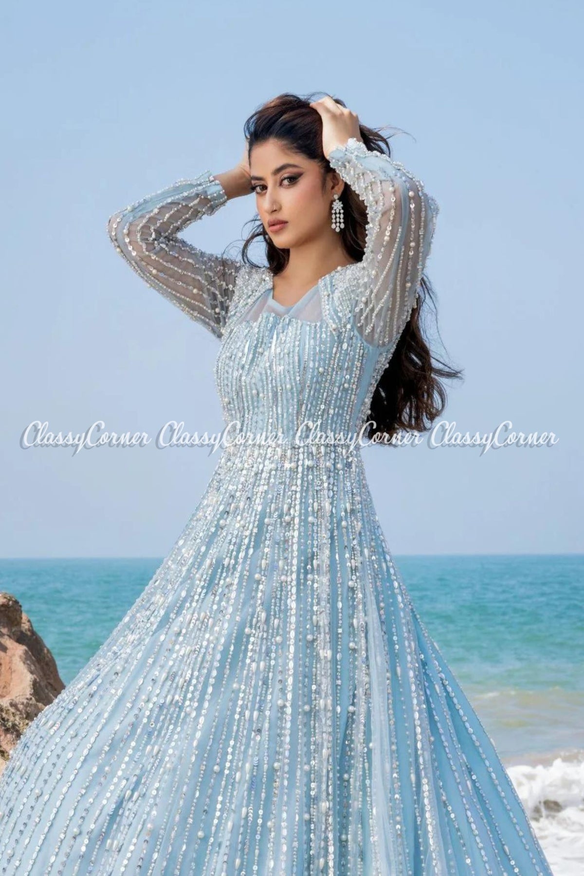 Light Blue Net Embellished Bridal Wear Gown