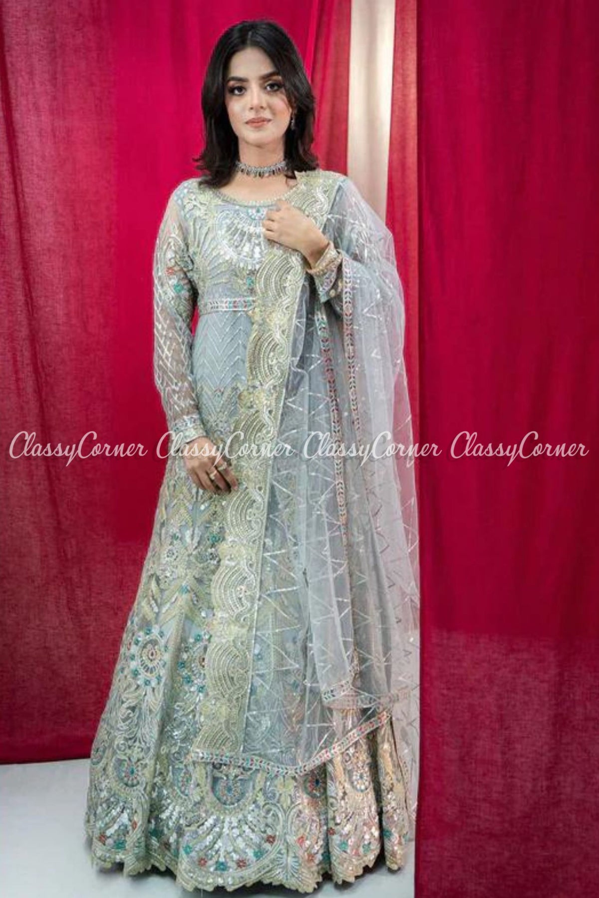 Light Blue Net Embroidered Party Wear Gown