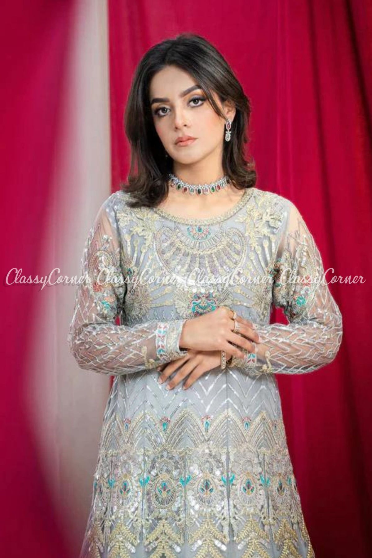 Light Blue Net Embroidered Party Wear Gown