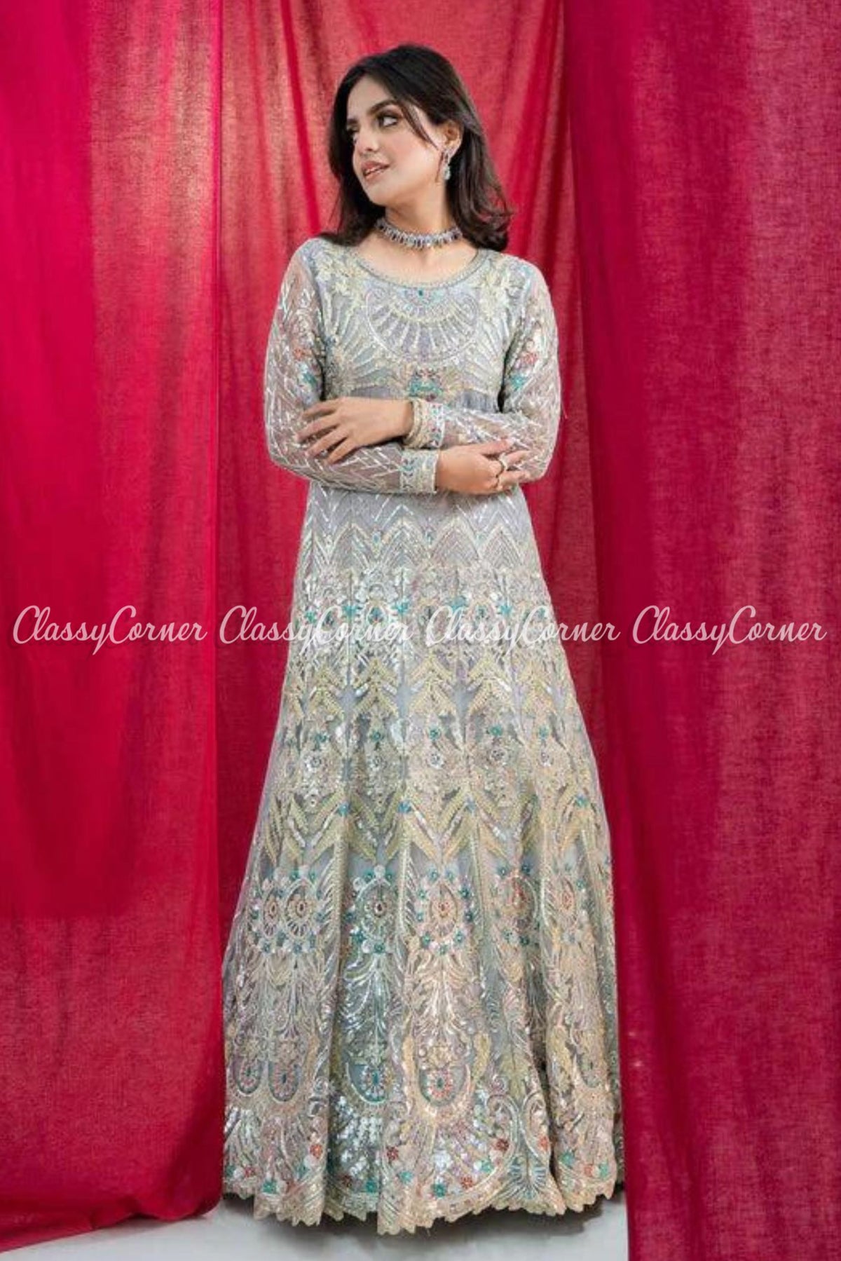 Light Blue Net Embroidered Party Wear Gown