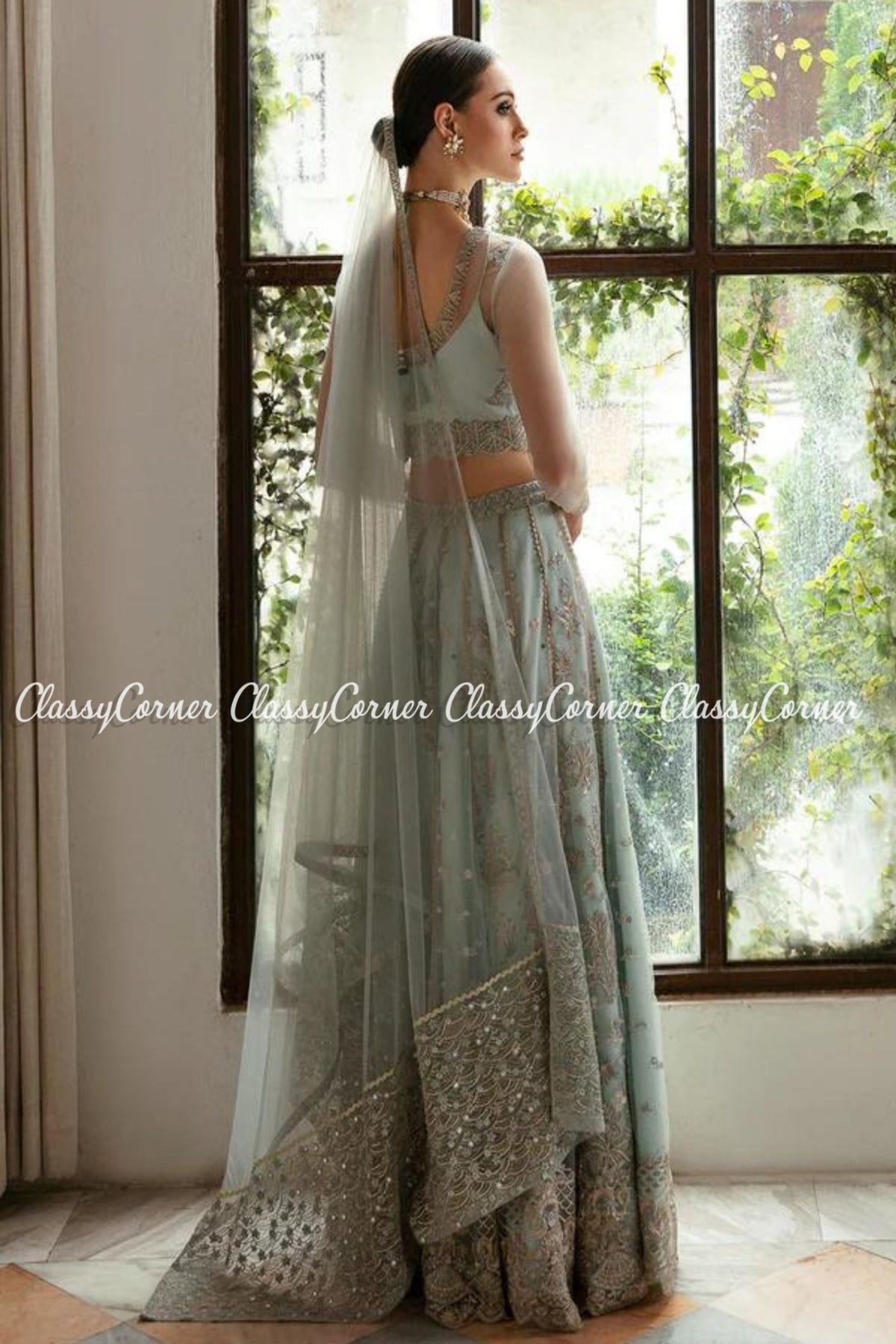 Light Blue Silver Net Embellished Lehenga Choli Outfit