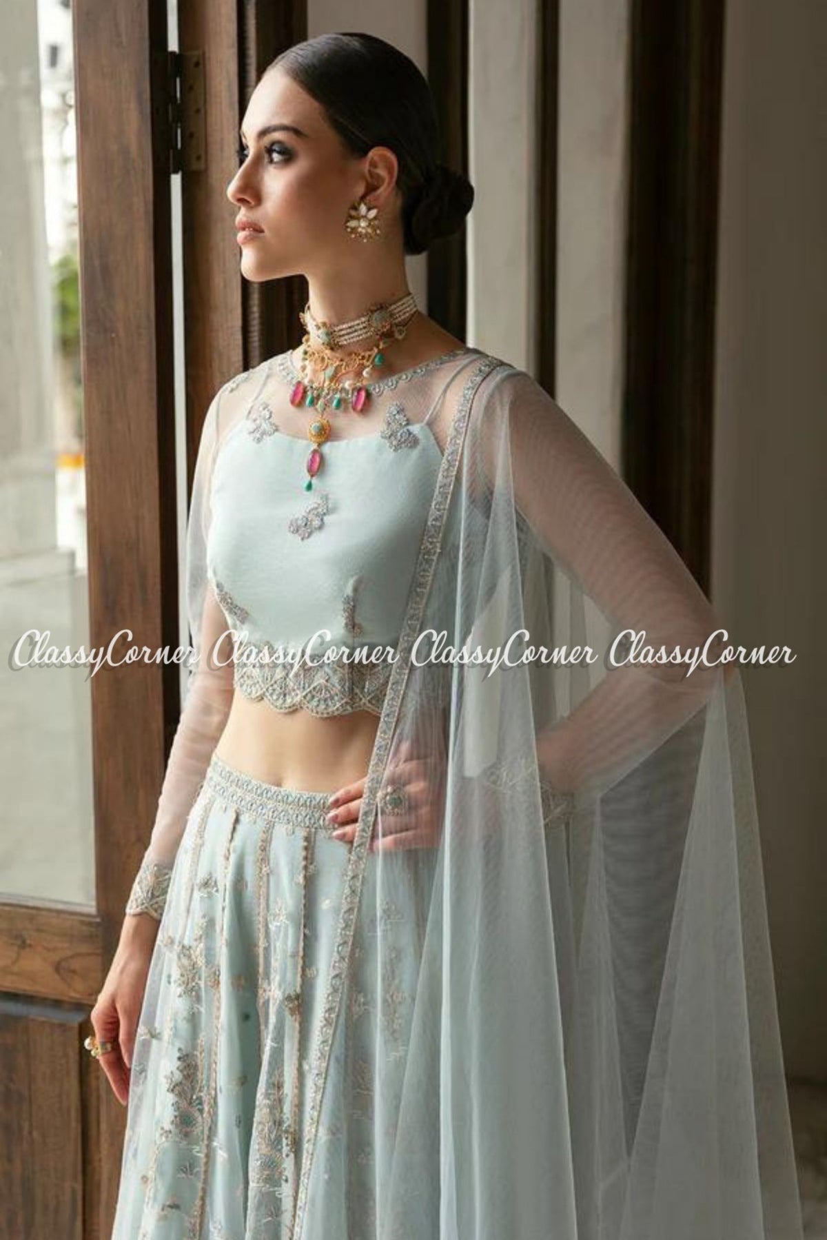 Light Blue Silver Net Embellished Lehenga Choli Outfit