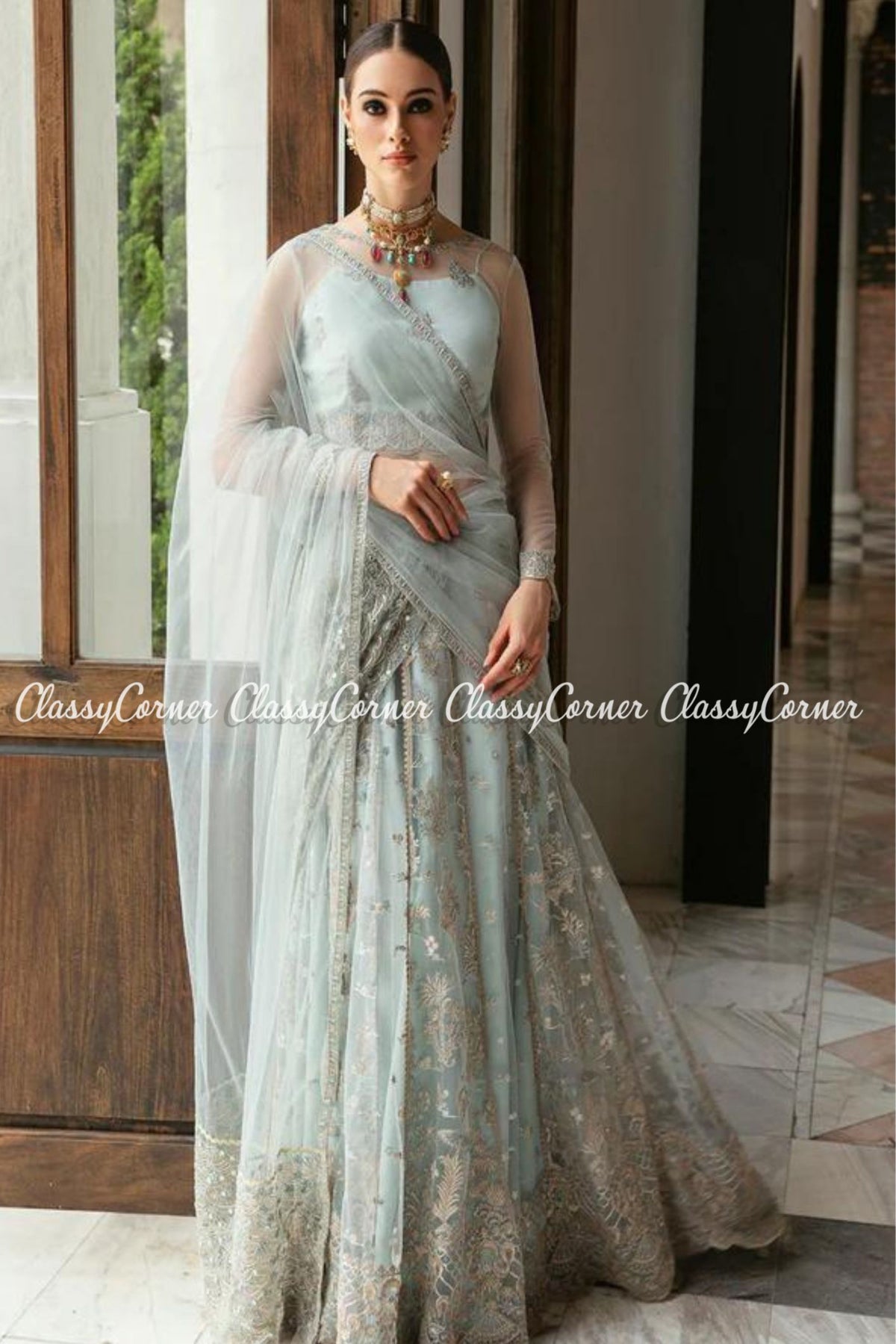 Light Blue Silver Net Embellished Lehenga Choli Outfit