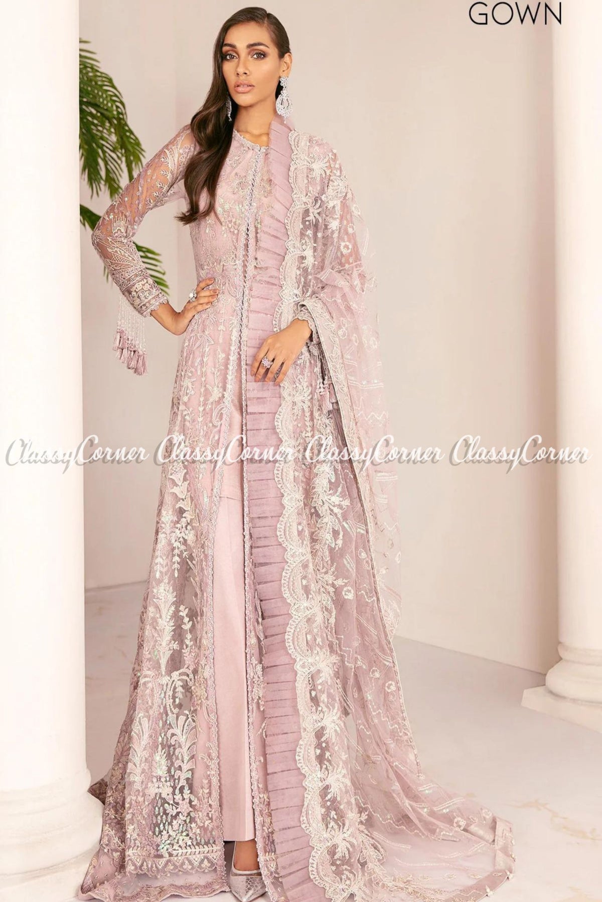 Pakistani Light Pink Net Embroidered Gown Lehenga