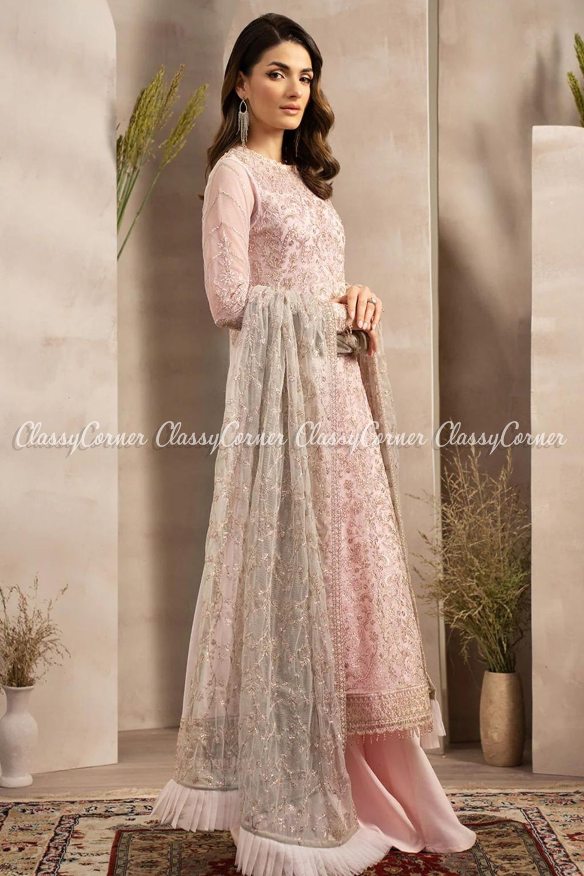 Pakistani Light Pink Grey Net Embroidered Sharara Outfit